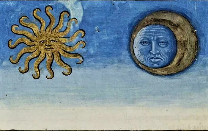 Medieval art depicting cool and bizarre creatures with a sun and moon featuring human-like faces in blue sky.