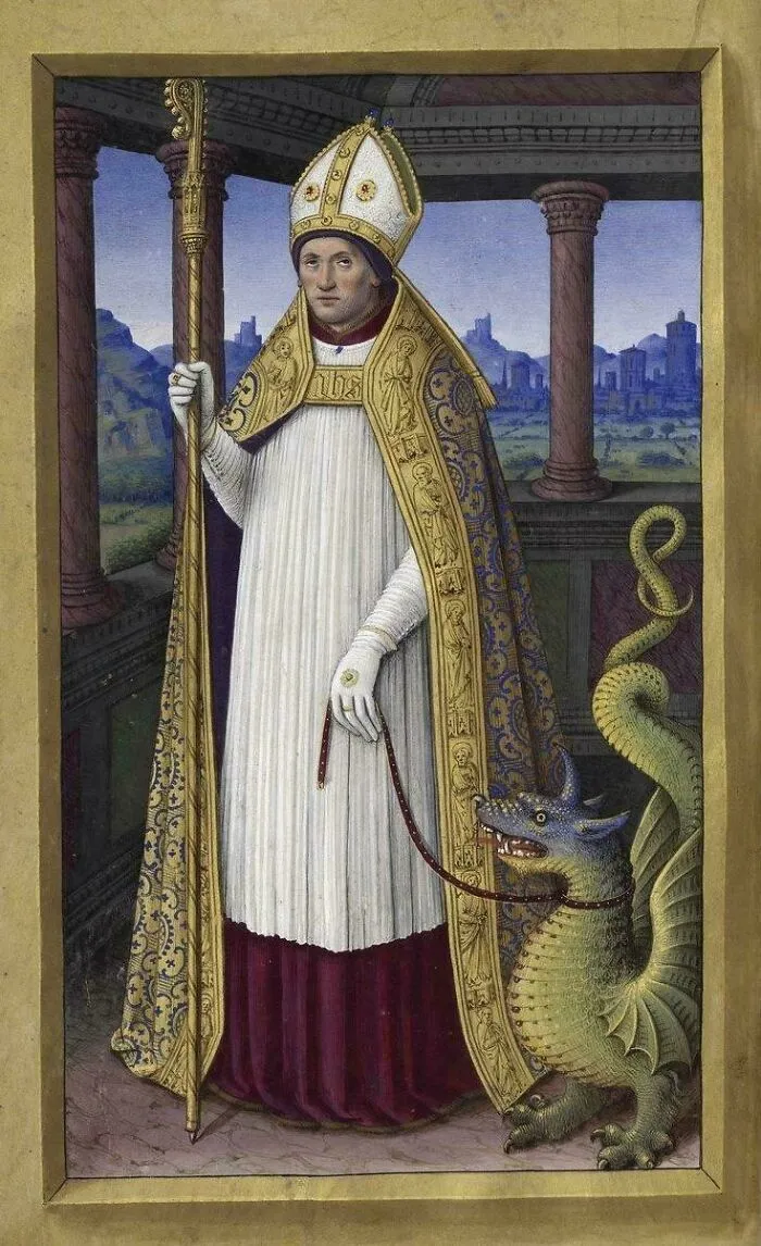 Medieval painting of a bishop holding a staff and leading a bizarre green dragon creature on a leash.