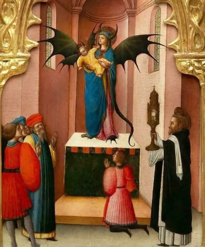Medieval art depicting a winged creature held by a robed woman, surrounded by surprised onlookers and clergy.