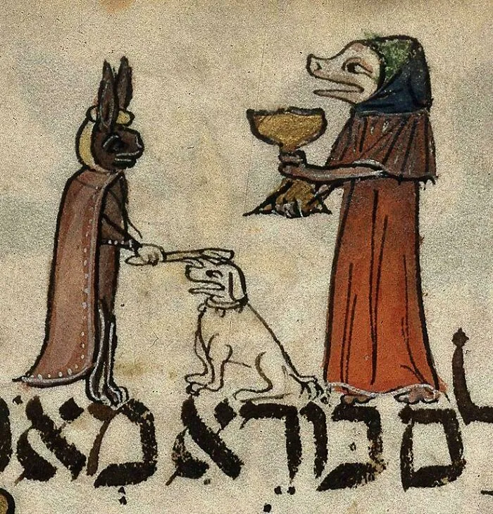 Medieval art showing bizarre creatures with animal heads interacting in a mysterious medieval scene.