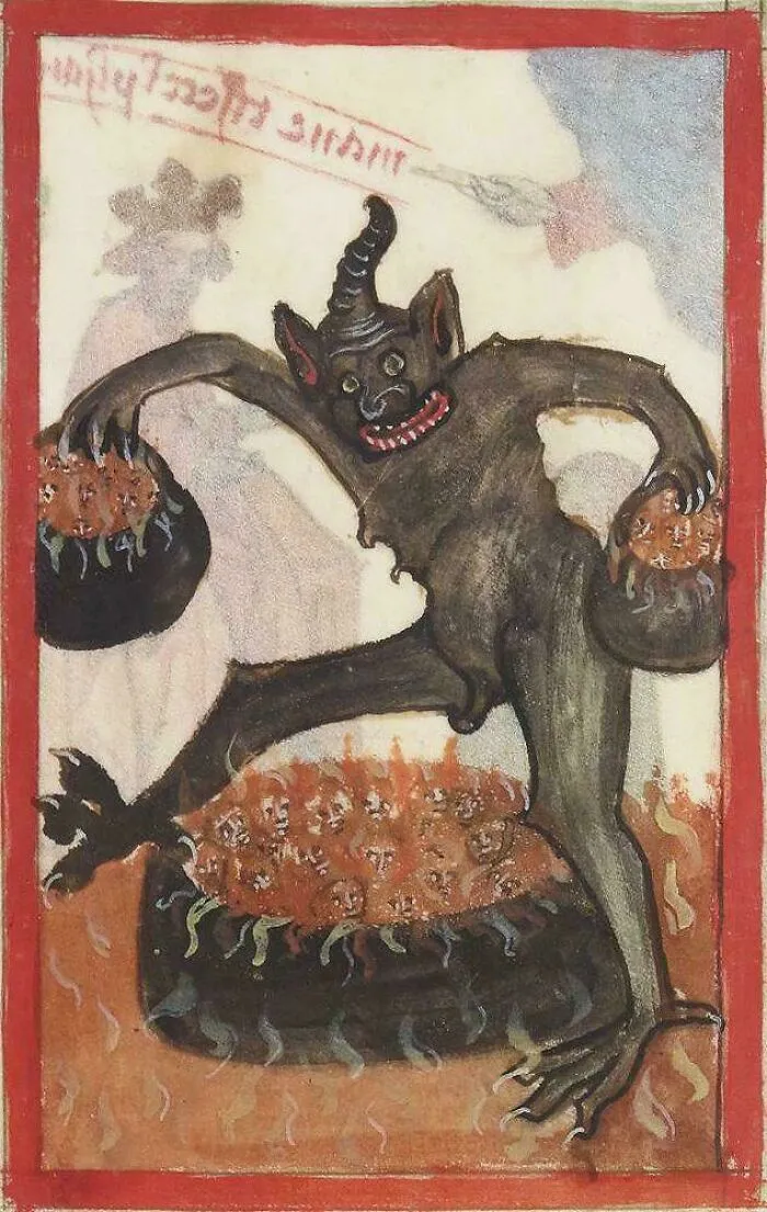 Medieval art depicting a bizarre creature with horns and multiple heads in pots surrounded by flames.