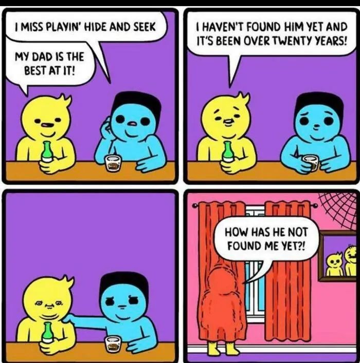 Comic strip showing two colorful characters drinking and discussing hide and seek, illustrating seemingly innocent posts with a crazy second half.