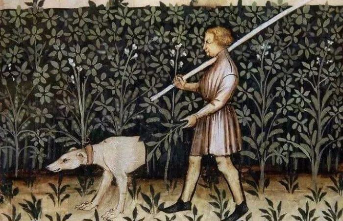 Medieval art showing a person walking a bizarre creature resembling a dog with an unusual head and collar in a garden.