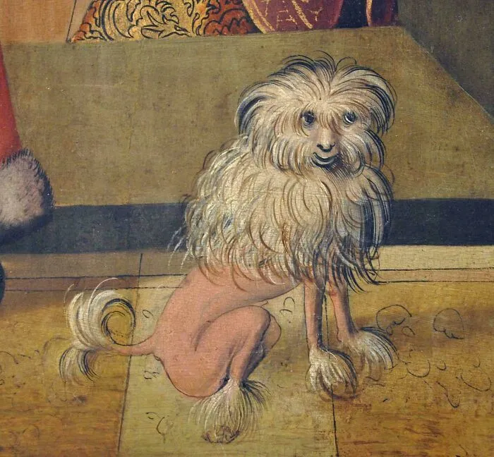Medieval art creature with a lion-like mane and human-like body sitting on a tiled floor in a historic painting.