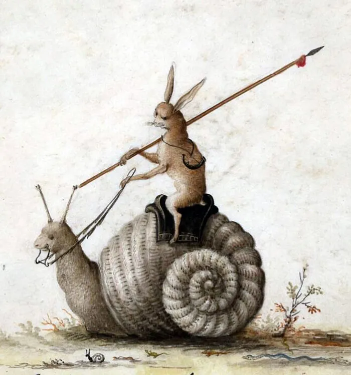 Medieval art creature of a rabbit riding a giant snail while holding a spear, showcasing bizarre creatures noticed by modern people.