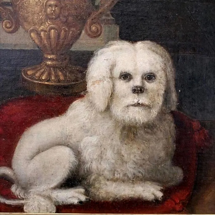 Medieval art featuring a bizarre white creature with a human-like face lying on a red cushion near a decorative vase.