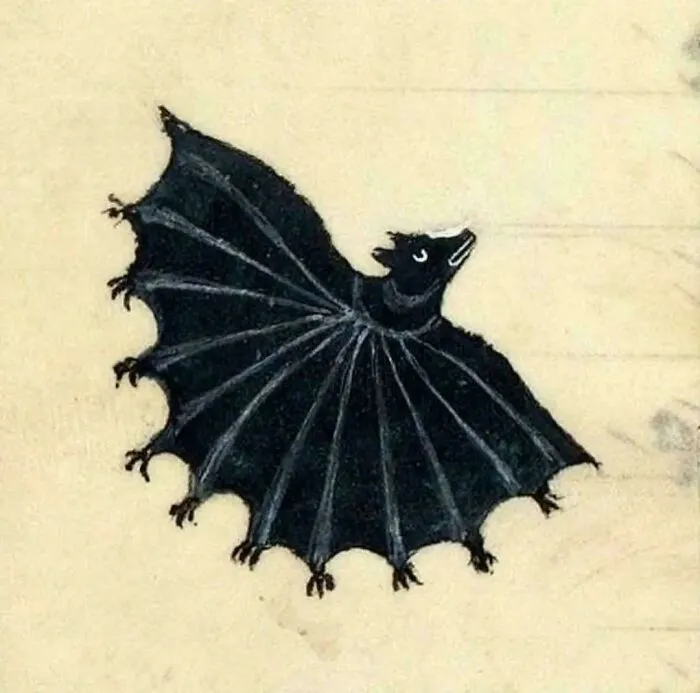 Medieval art depiction of a bizarre winged creature with bat-like features and an unusual facial expression.