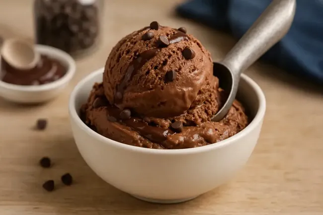Chocolate fudge ice cream scoop in a bowl topped with chocolate chips and drizzled fudge with a spoon inside the bowl.