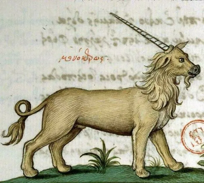 Medieval art illustration of a bizarre creature resembling a unicorn with a twisted horn and lion-like features.
