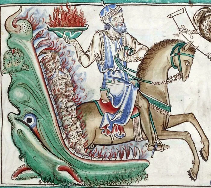 Medieval art depicting bizarre creatures with a man on horseback holding a flaming bowl near a large green monster.