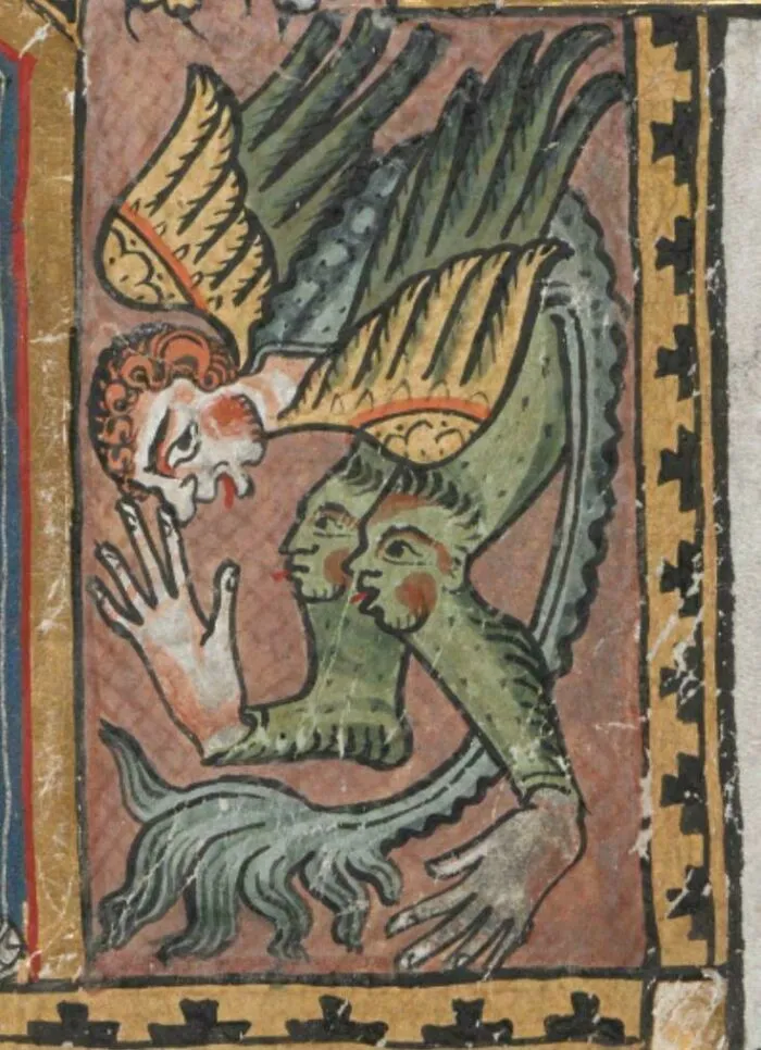 Medieval art depiction of a bizarre creature with wings, human faces on limbs, and unusual green body features.