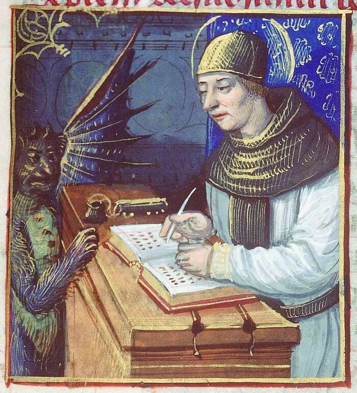 Medieval art depicting a monk writing near a bizarre winged creature with a human-like face and claws.
