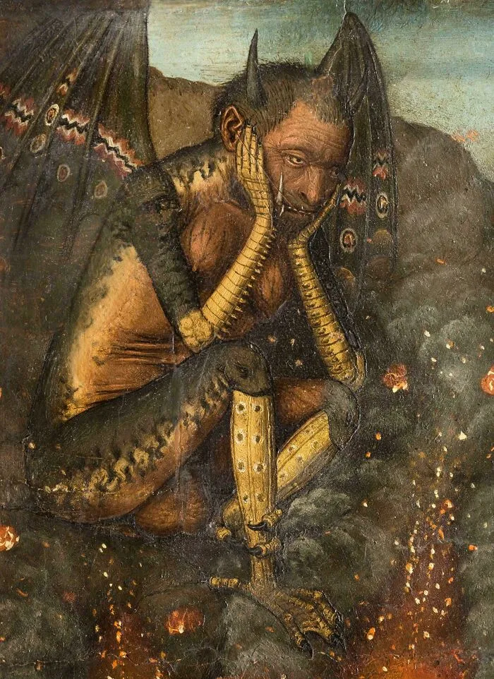 Medieval art depicting a bizarre creature with wings, horns, and clawed limbs sitting thoughtfully among flames.