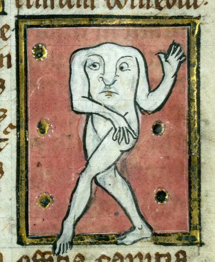 Medieval art depiction of a bizarre creature with human-like limbs and a tooth-shaped head in a red background.