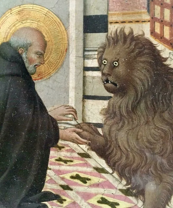 Medieval art depicting a saint with a bizarre creature resembling a wide-eyed lion in a tiled room.
