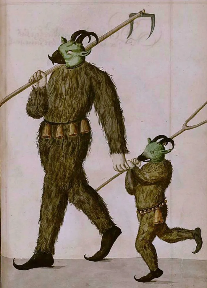 Two bizarre creatures with goat heads and furry bodies carrying pitchforks, featured in medieval art creatures noticed today.