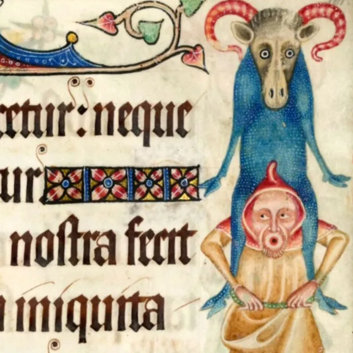 Medieval art featuring a bizarre hybrid creature with a blue horned animal standing on a human figure’s shoulders.