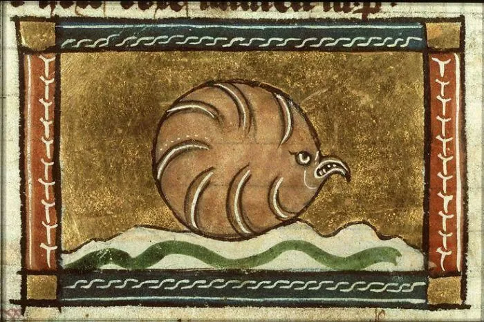 Medieval art depicting a bizarre round creature with a beak, highlighting cool and bizarre creatures in historical illustrations.