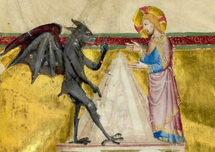 Medieval art showing a bizarre creature with bat wings interacting with a haloed figure on a golden background.
