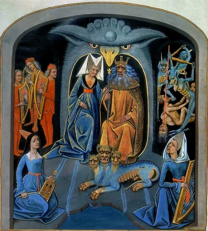 Medieval art showing bizarre creatures with a multi-headed beast, crowned king, queen, and musicians in a dark, gothic setting.