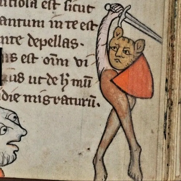 Medieval art creature with human face, animal features, and sword, showcasing bizarre creatures noticed in medieval art manuscripts.