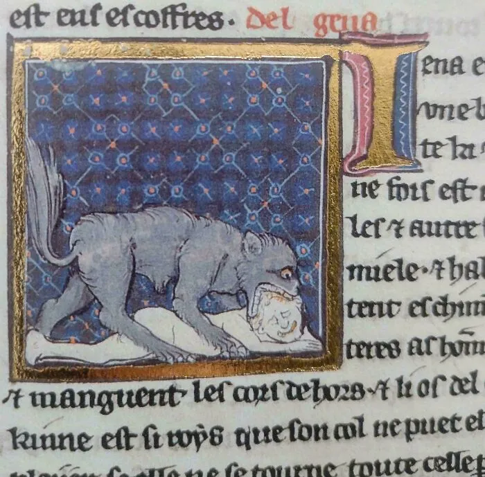 Medieval art illustration of a bizarre creature biting a person’s head, showcasing cool and strange creatures.