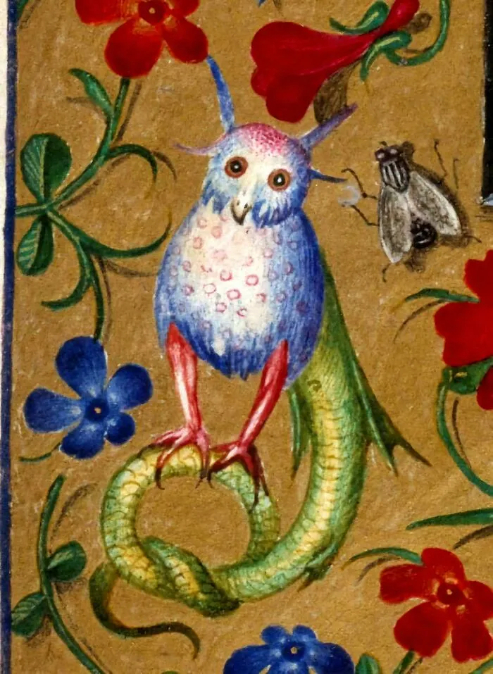 Medieval art depicting a bizarre creature with an owl head, red legs, and a serpent tail among colorful flowers.