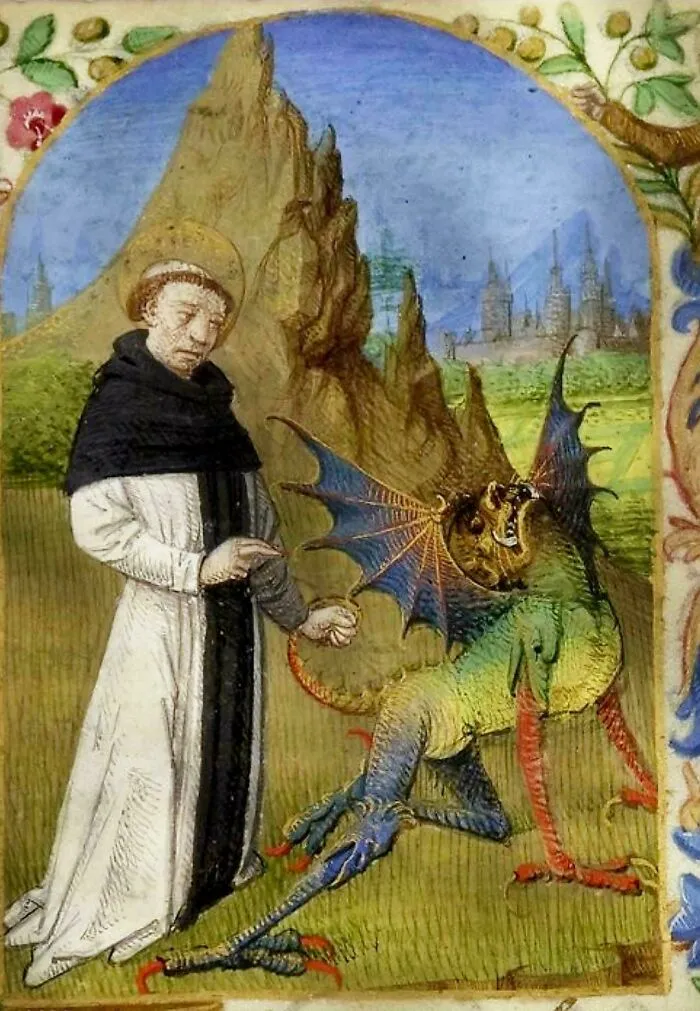 Medieval illustration of a monk interacting with a bizarre creature featuring wings, claws, and a dragon-like appearance.
