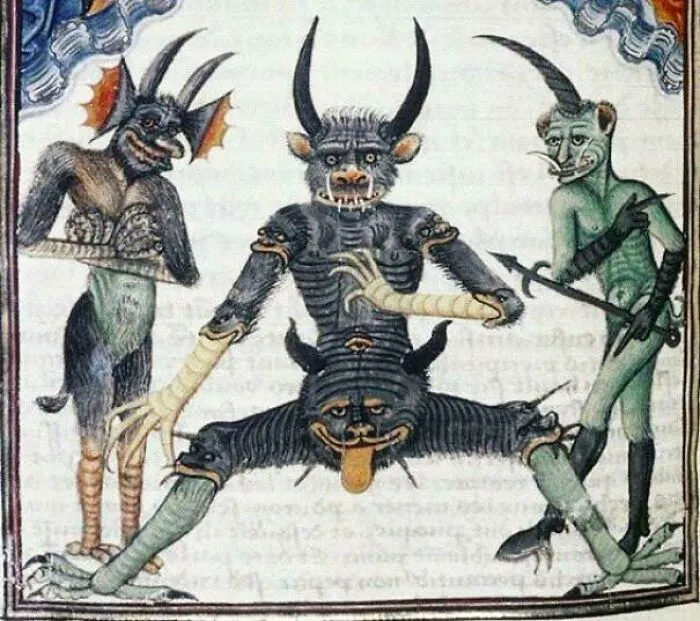 Medieval art depiction of bizarre creatures with horns and multiple faces, showcasing cool and strange medieval creatures.