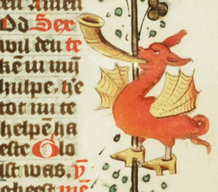 Red bizarre creature with wings and a horn, featured in medieval art among cool and strange creatures noticed by modern people.