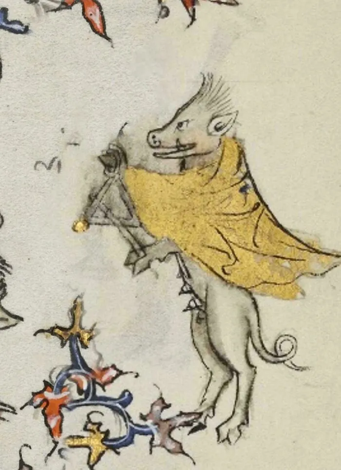 Medieval art depicting a bizarre creature with a pig-like face and yellow cloak in a whimsical illustration.