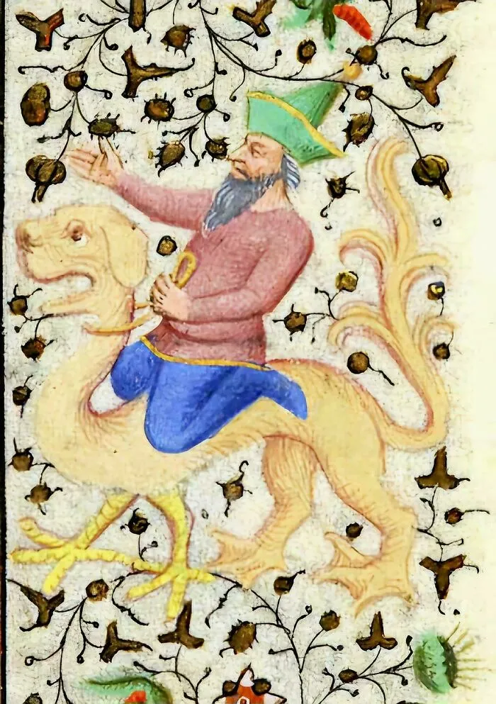 Medieval art depicting a bearded man in a green hat riding a bizarre mythical creature with bird-like legs.