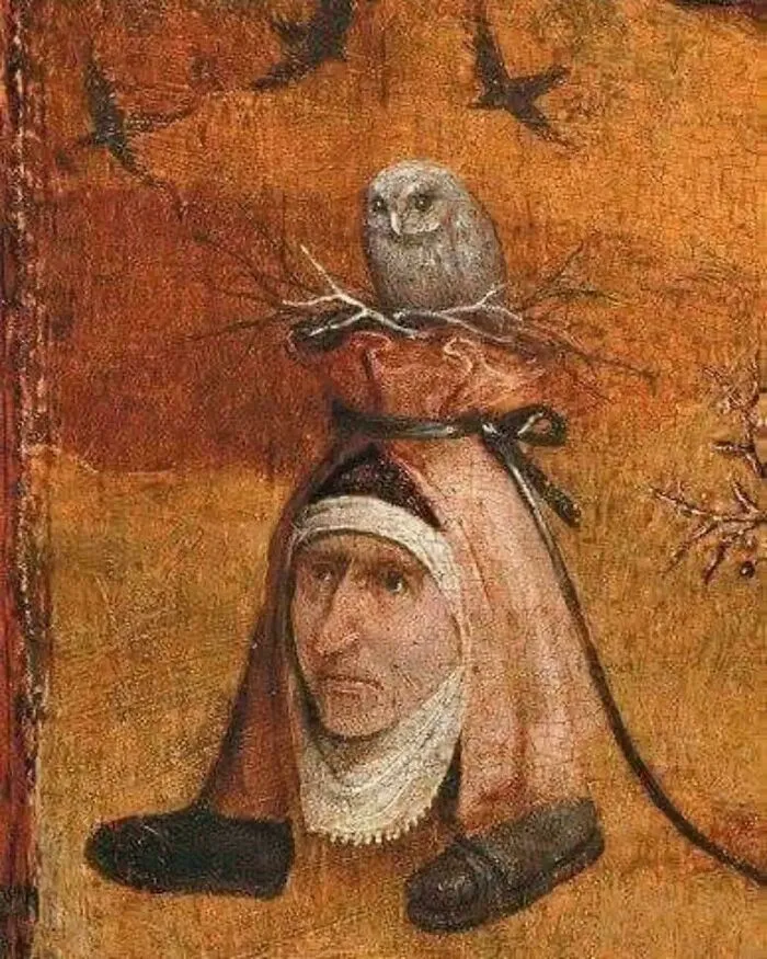 Medieval art depicting a bizarre creature with human face and legs topped by an owl and nest on an orange background.