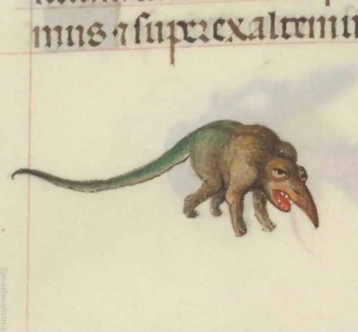 Medieval art depiction of a bizarre creature with a long tail and beak, one of the cool creatures noticed by modern people.