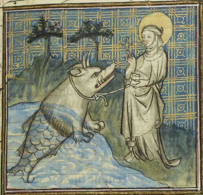 Medieval art depicting a bizarre creature with a boar head and fish tail interacting with a robed human figure.