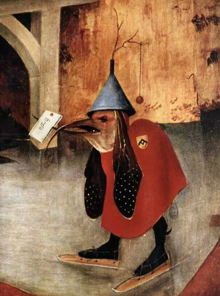 Medieval art creature with bird head wearing a red cloak and blue hat, holding a tag, on wooden skates on stone floor.