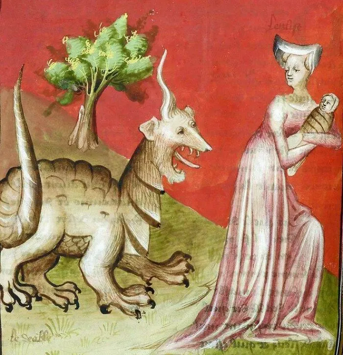 Medieval art showing a bizarre creature with a horn near a woman holding a baby on a red and green background.