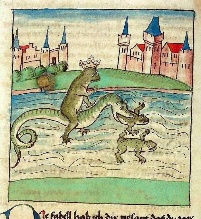 Medieval art illustration of bizarre creatures including a crowned frog riding a serpent-like animal in water near a castle.