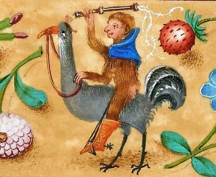 Medieval art creature of a monkey riding a bird with colorful flowers in the background, showcasing bizarre creatures.