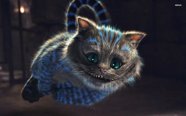 A mystical Cheshire Cat with glowing blue stripes and bright green eyes floating in a dark, mysterious setting.