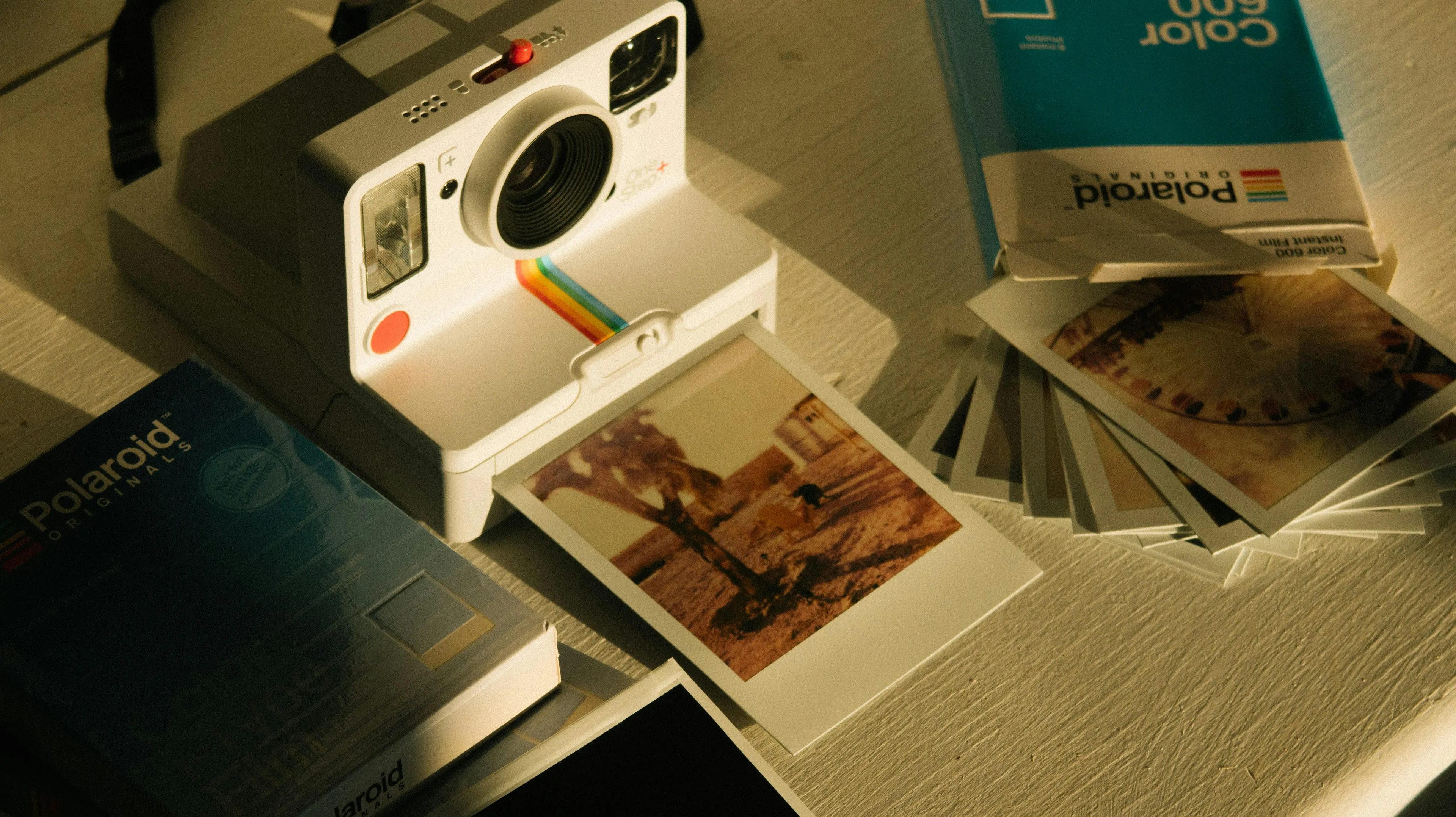 Polaroid camera on table printing a retro instant photo with additional film packs and photos nearby in warm light.