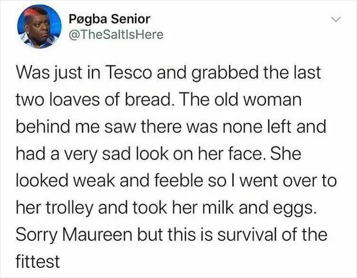 Tweet about grabbing the last bread loaves, taking milk and eggs from an elderly woman, hitting with a crazy second half.