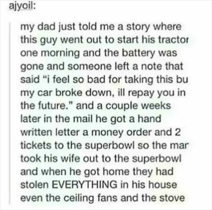 Text post describing a story with seemingly innocent details that hit with a crazy second half twist.