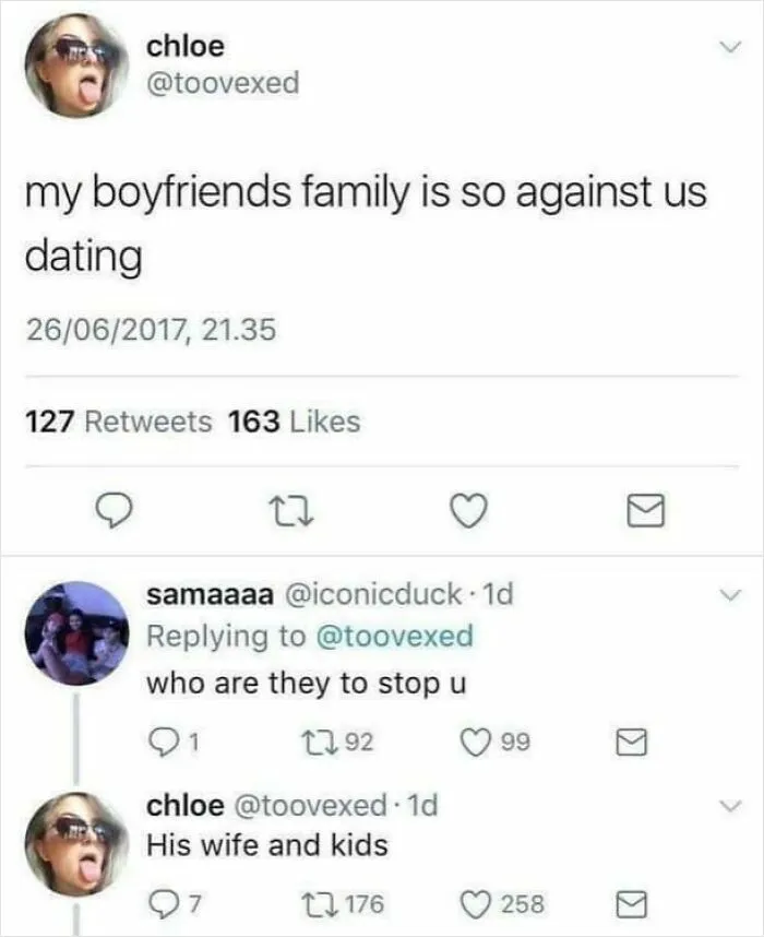 Screenshot of a social media post showing seemingly innocent conversation with a surprising second half response.