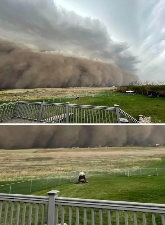 Hombre cortando césped mientras se acerca una enorme tormenta de polvo en la vida cotidiana en distintos estados de EEUU.