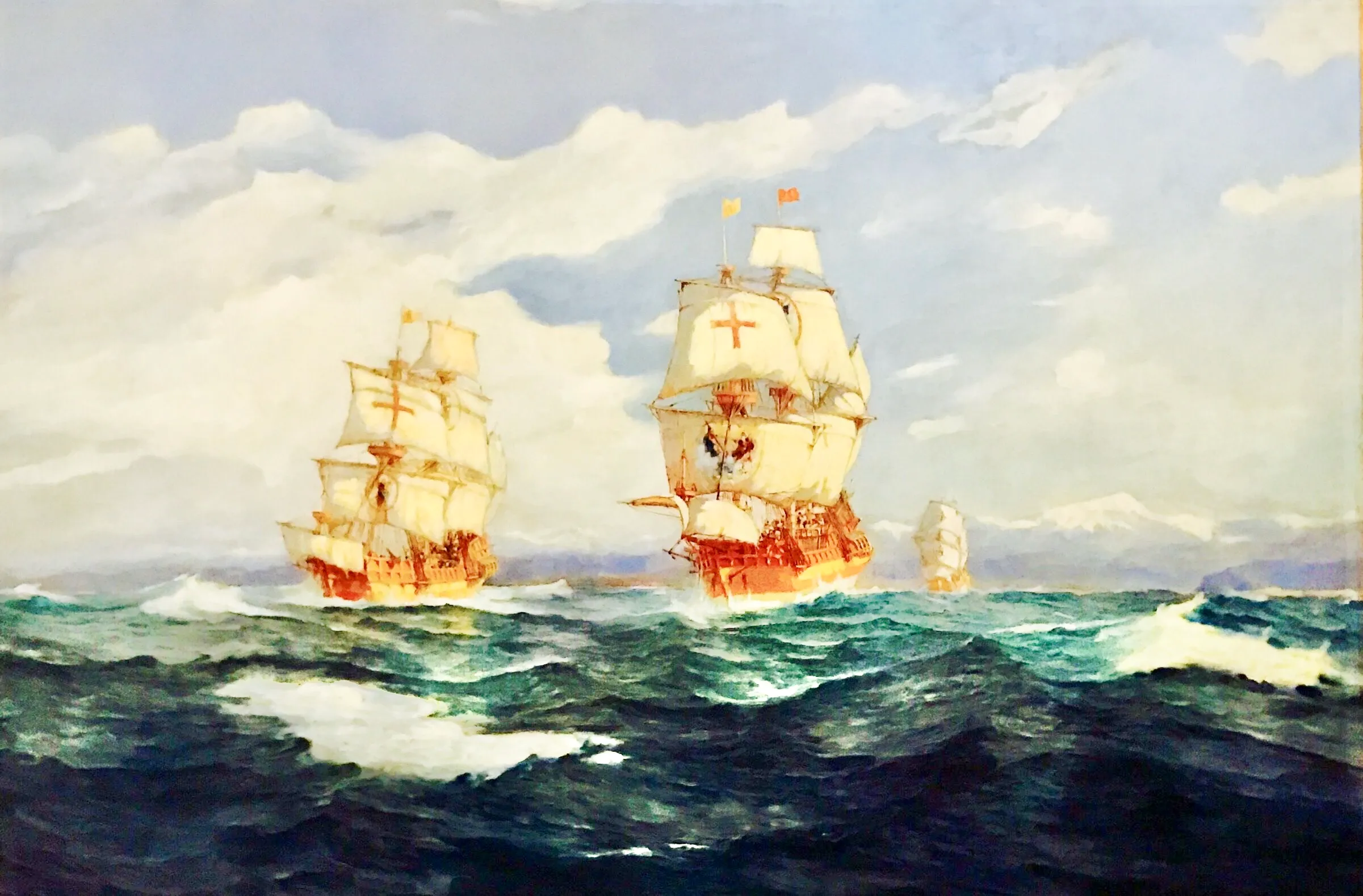 Historic ships sailing rough seas in a painting representing countries that were first in exploration history.