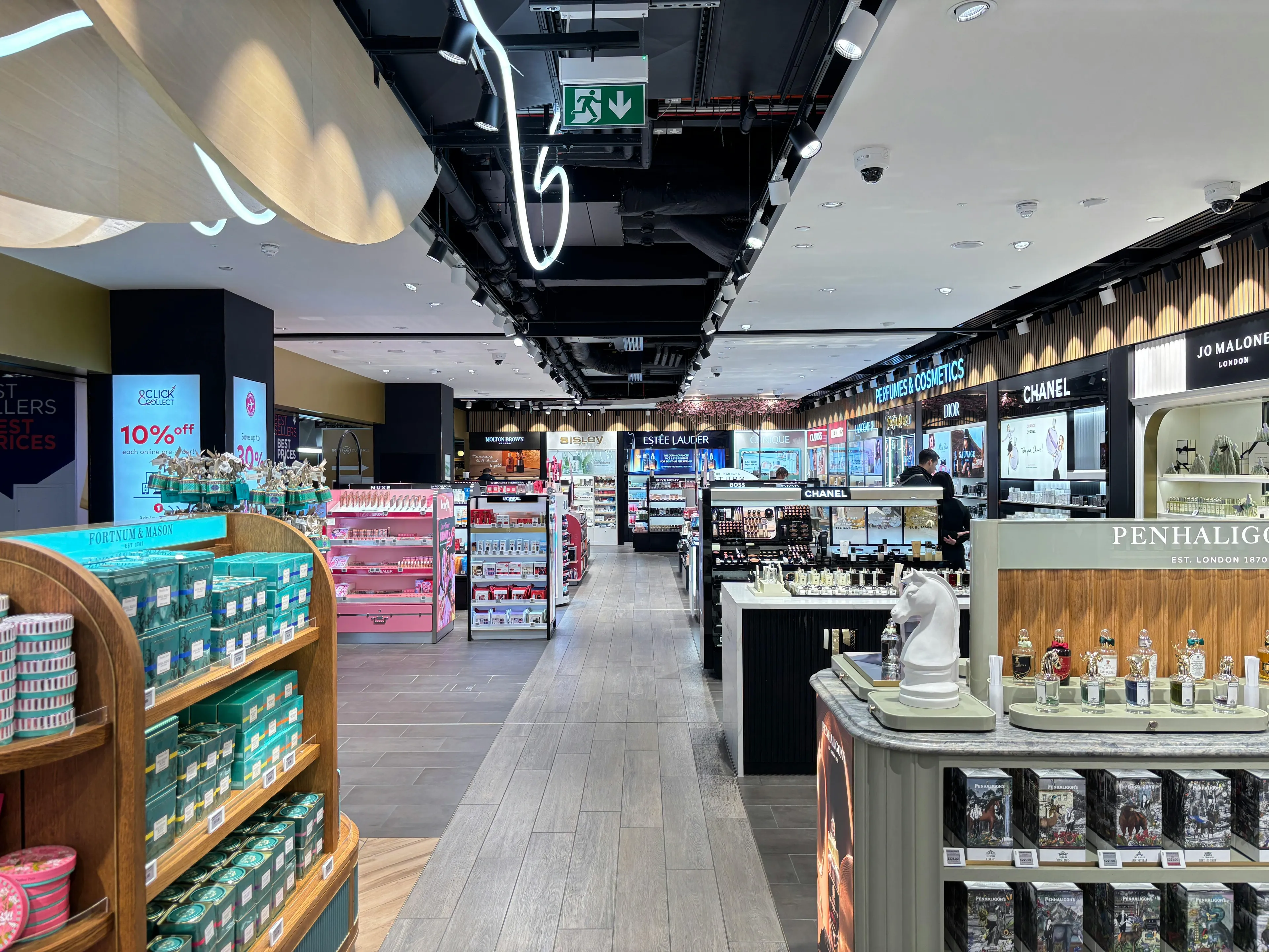 Duty-free shop interior with perfume and cosmetics brands in a retail space, related to countries that were first quiz.