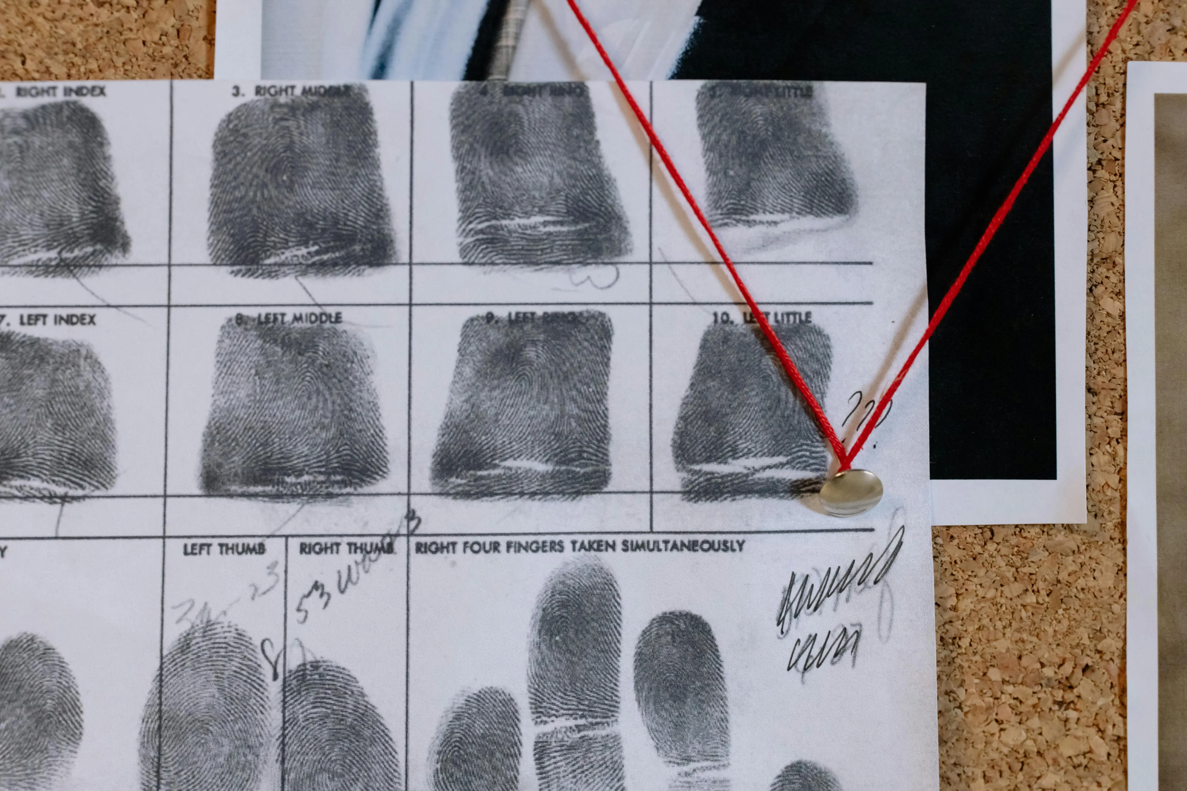 Fingerprint chart pinned on a corkboard with red string, related to countries that were first in fingerprinting use.