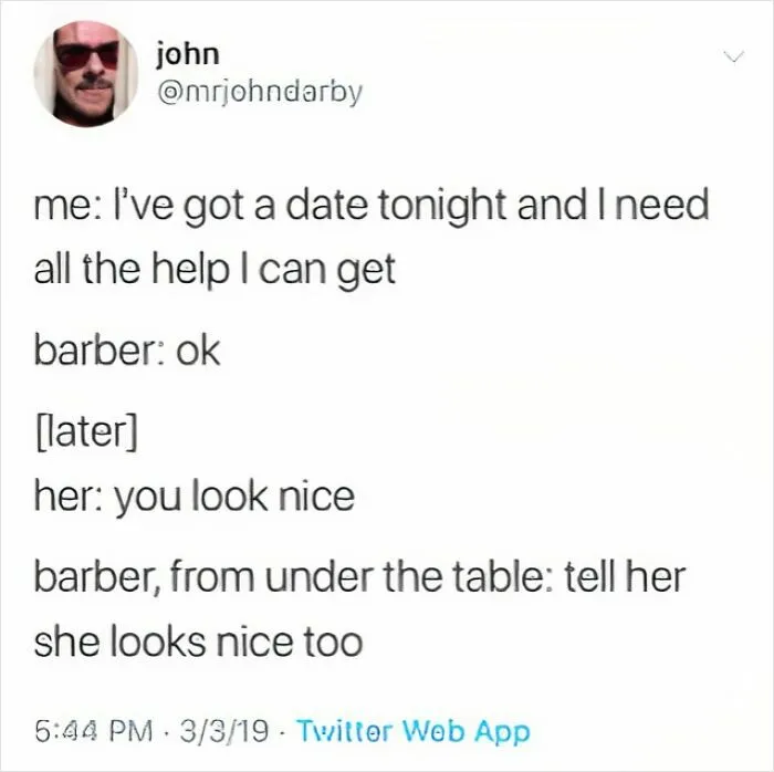Tweet showing a humorous seemingly innocent post with a surprising second half about a date and a barber’s hidden comment.