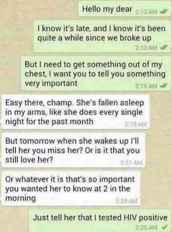 Screenshot of a seemingly innocent post that reveals a shocking second half in a chat conversation at night.